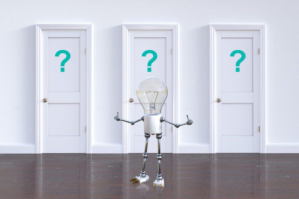 keuze maken; mannetje staat voor 3 dichte deuren met een vraagteken erop